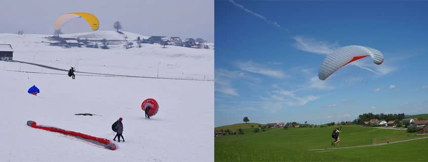 Übungshang in Hütten (ZH). Links im Winter 2015, rechts im Sommer 2015